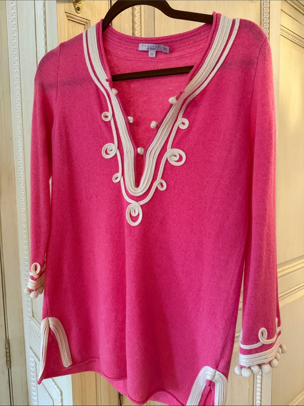 Calypso St. Barth Hot Pink Tunic with Cream Trim and pompoms